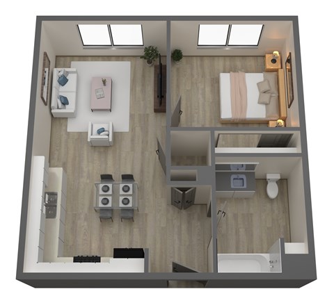 A top-down view of a small apartment with a bedroom, living room, and bathroom.